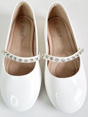 Girls White Patent Leather Ballet Flats Sandalup With Rhinestone Strap Size 1